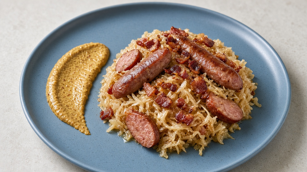 Plated Kiolbassa and Kraut: seared kielbasa and bacon over braised sauerkraut with Grey Poupon mustard on the side