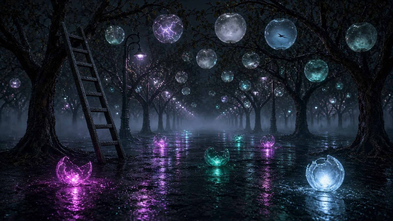 Siteminder daydream — Neon Orchard, 3 a.m.: streetlamp trees hung with glass apples of weather