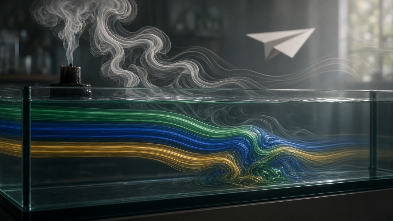 PriceValue daydream — Laminar Ghosts: dye filaments in a glass channel with smoke above