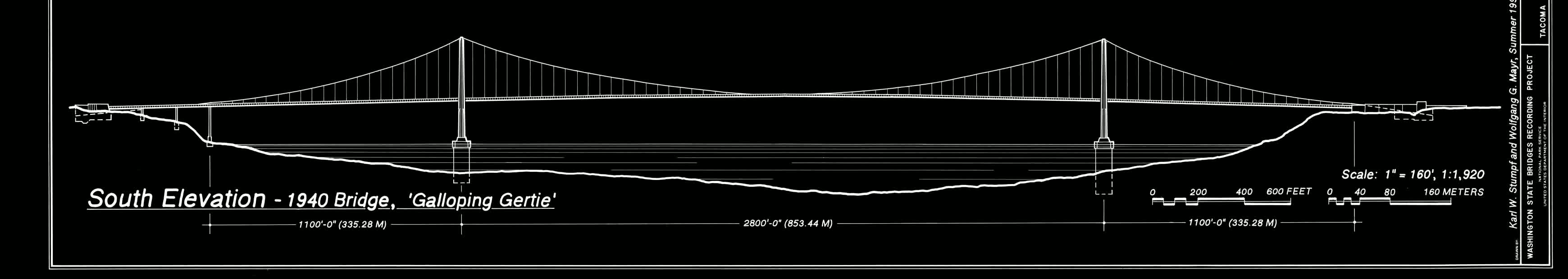 HAER south elevation of the 1940 Tacoma Narrows Bridge, labeled Galloping Gertie