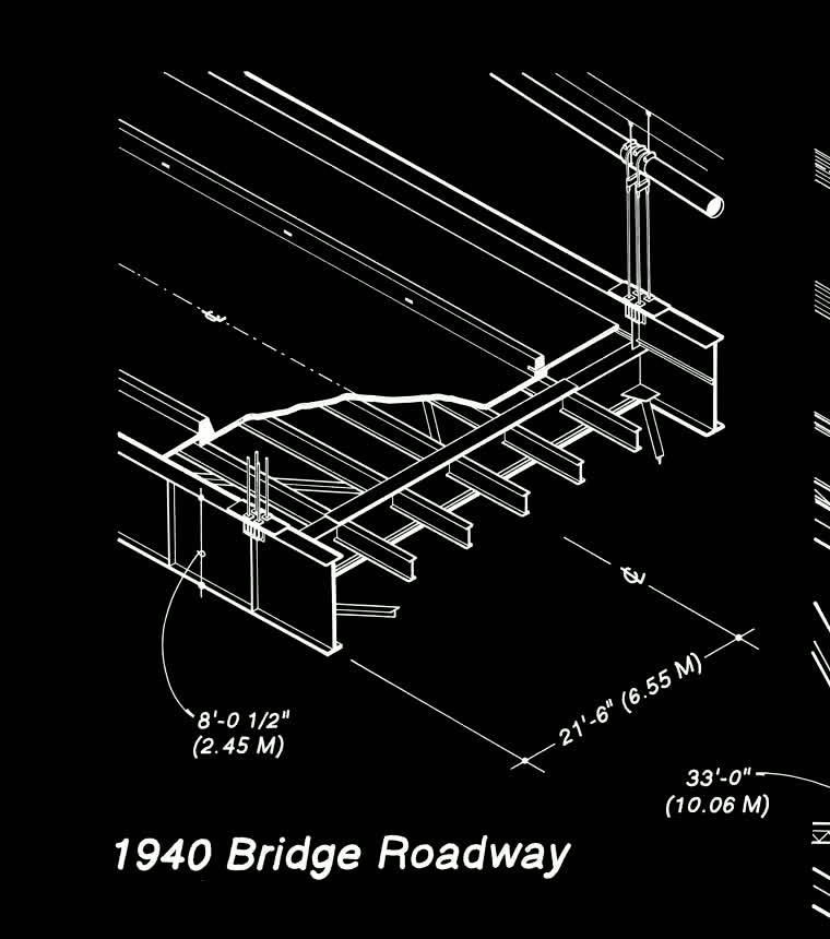 Axonometric of the 1940 roadway showing 8-foot solid plate girders under the deck