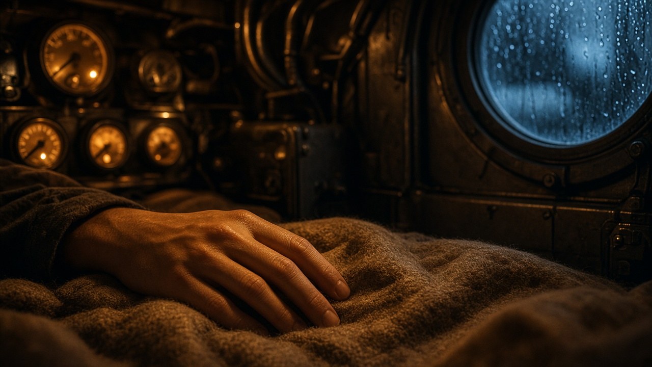 The Cocoon — warm cabin bunk, hand on blanket, rain on the porthole