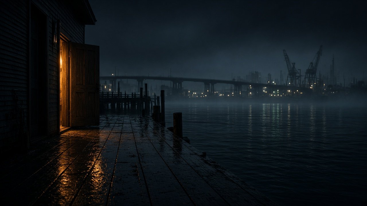 Port at night — one warm doorway on a rain-slick pier