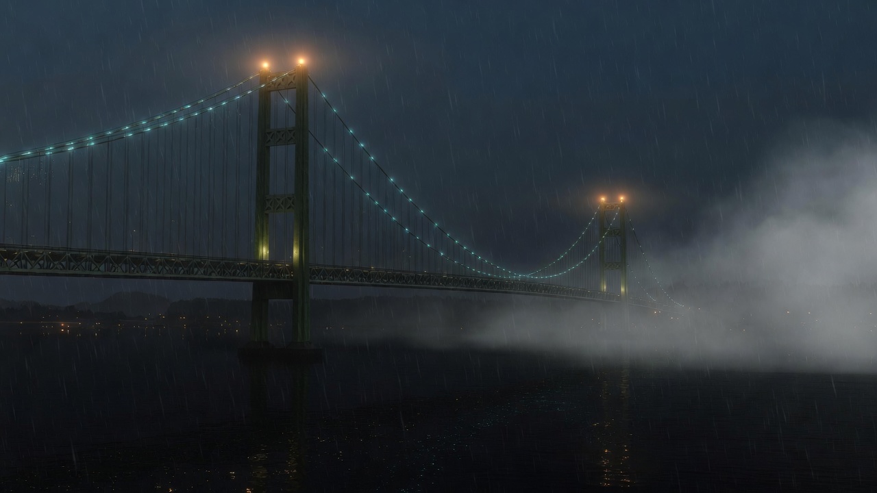 Tacoma Narrows Bridge in rain and mist at night