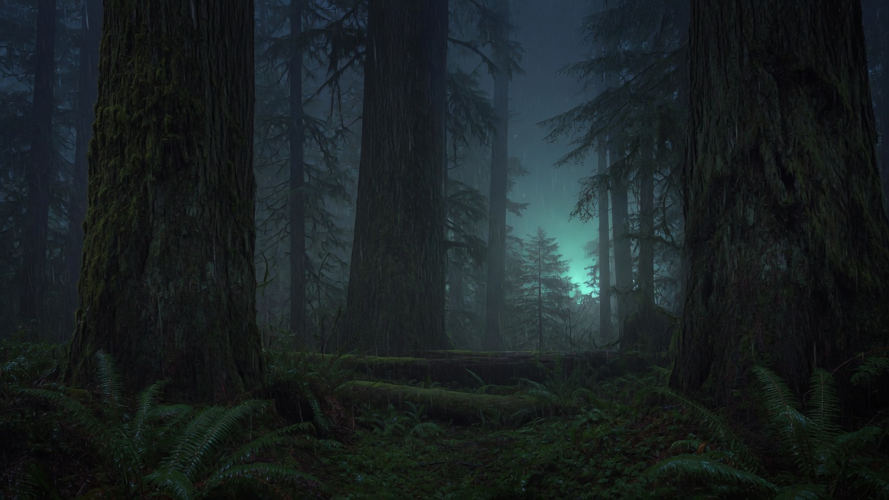 Pacific Northwest rainforest at night with a faint teal glow